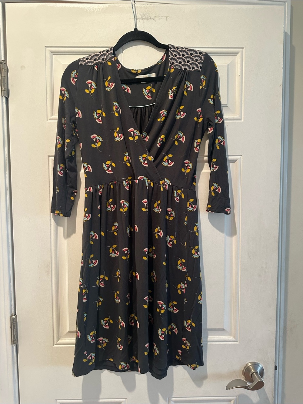 Boden Black Midi Dress with Yellow, Pink and White Floral Motif-super cute!